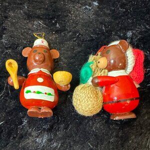 Vintage Wooden Bear Christmas Ornaments Set Of 2 With Chef & Santa Figures